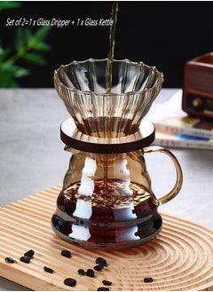 1~4 Cups Coffee V60 Pour Over Coffee Maker with Dripper, Size 02, 500ml High Borosilicate Glass Coffee Sharing Pot with High Borosilicate Glass Dripper and Wood Holder Pour Over Set Server for Home, Office, Coffee Bar, Family Party and Camping