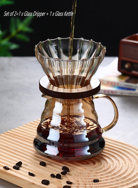 1~4 Cups Coffee V60 Pour Over Coffee Maker with Dripper, Size 02, 500ml High Borosilicate Glass Coffee Sharing Pot with High Borosilicate Glass Dripper and Wood Holder Pour Over Set Server for Home, Office, Coffee Bar, Family Party and Camping