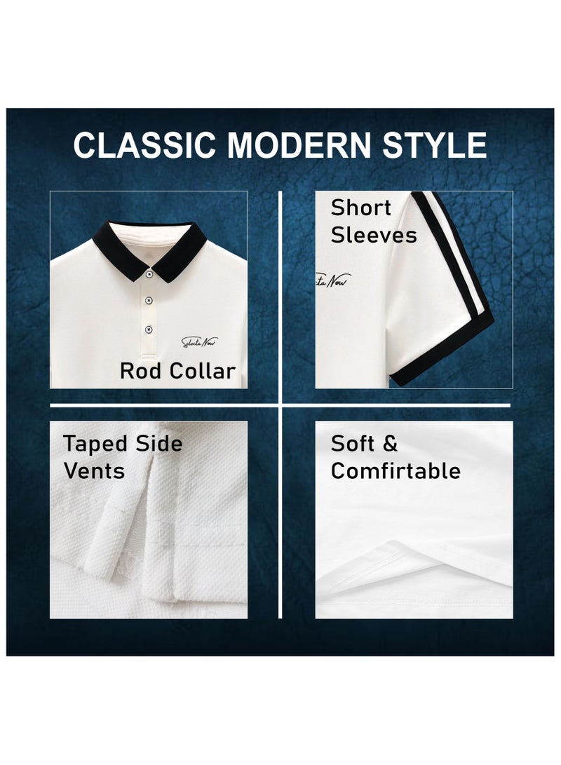 Selecta Now Men’s Stretchable Cotton Polo Shirt – Short Sleeves, Breathable, White & Black – Perfect for Office & Casual Outings  - Image 4