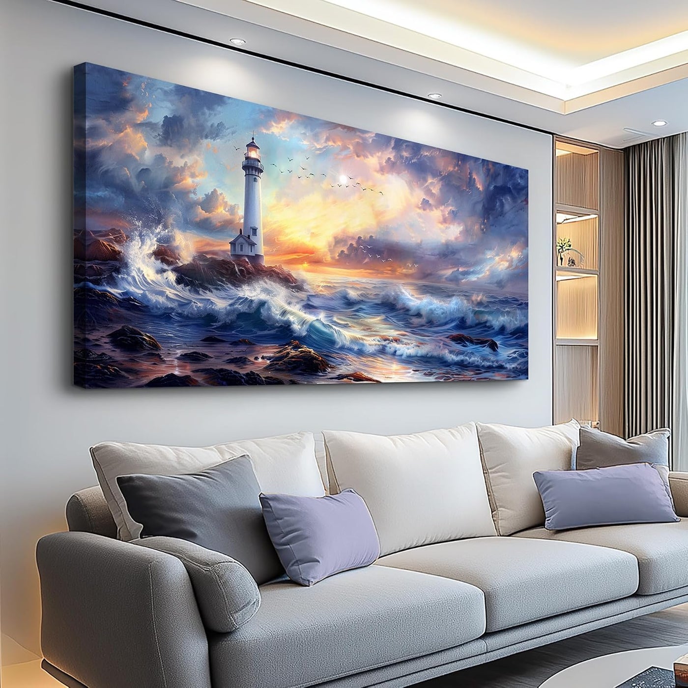 ARS Canvas Wall Art For Bedroom Wall Decorations For Living Room Modern Office Wall Decor Seaside Scenery Lighthouse Mountain Pictures Printed 60x90cm