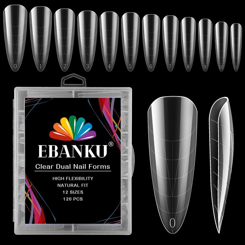 Nail Dual Forms for Poly Nail Gel EBANKU 120Pcs Stiletto Extension Gel Nail Molds Clear Acrylic Nail Tips Full Cover Reusable Nail Forms for Builder Nail Gel Nail Art Design SalonDIY