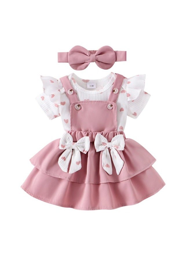 FOCUTEBB Baby Girl Clothes Newborn Romper Love Heart Print Short Sleeved Ruffled Bow Skirt Headband Outfits Set 0-18 Months, Pink, 0-3 Months - Image 1