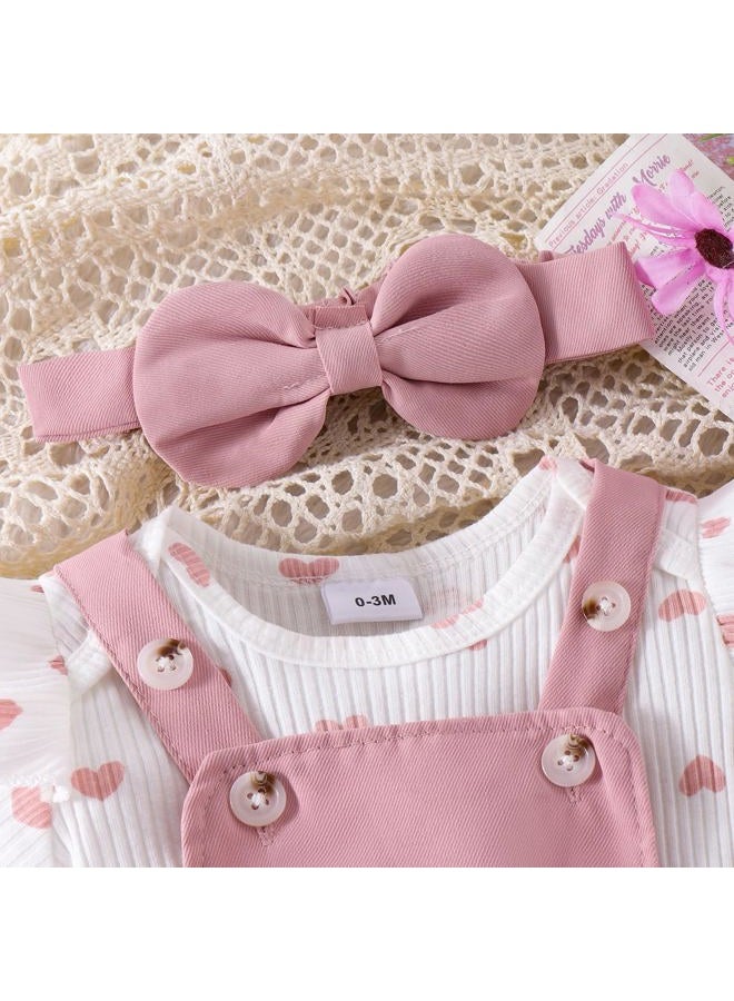 FOCUTEBB Baby Girl Clothes Newborn Romper Love Heart Print Short Sleeved Ruffled Bow Skirt Headband Outfits Set 0-18 Months, Pink, 0-3 Months - Image 5