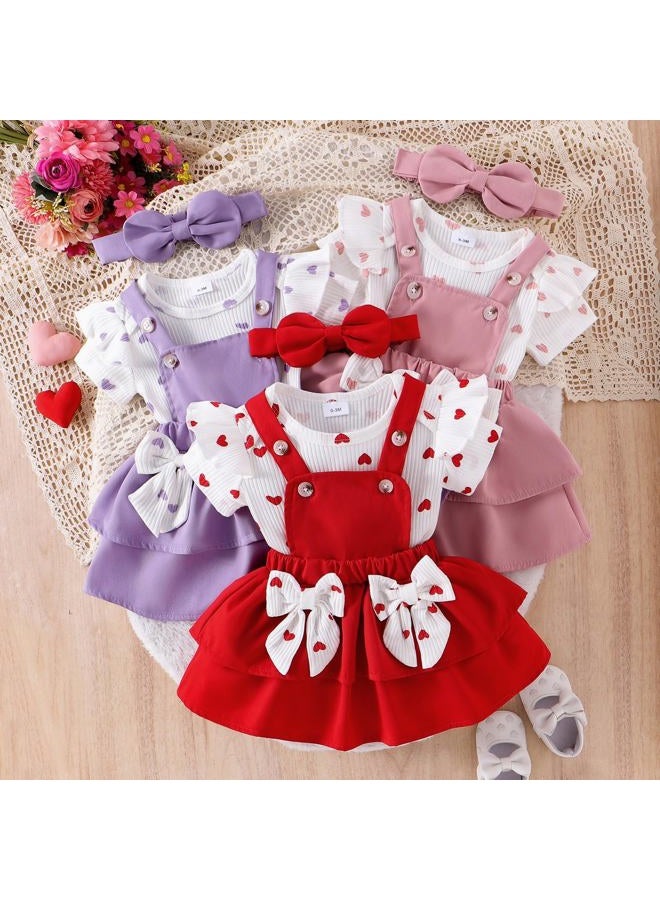 FOCUTEBB Baby Girl Clothes Newborn Romper Love Heart Print Short Sleeved Ruffled Bow Skirt Headband Outfits Set 0-18 Months, Pink, 0-3 Months - Image 4