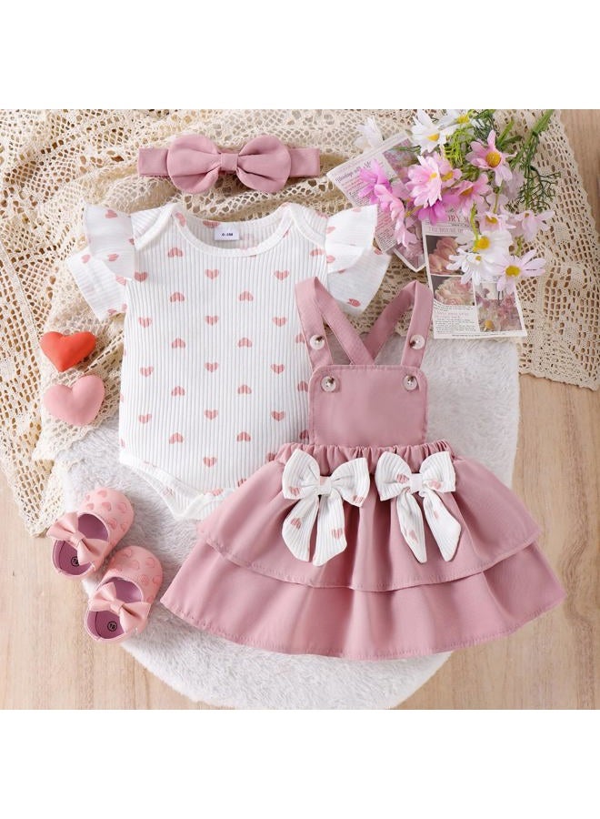 FOCUTEBB Baby Girl Clothes Newborn Romper Love Heart Print Short Sleeved Ruffled Bow Skirt Headband Outfits Set 0-18 Months, Pink, 0-3 Months - Image 2