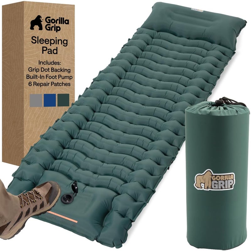 GORILLA GRIP Slip-Resistant Inflatable Sleeping Pad, Puncture Resistant Lightweight Camping Mattress, Foot Pump, Air Mats for Travel Backpacking, Inflating Bed Camp Sleep Pads for Tent, Hunter Green - Image 1