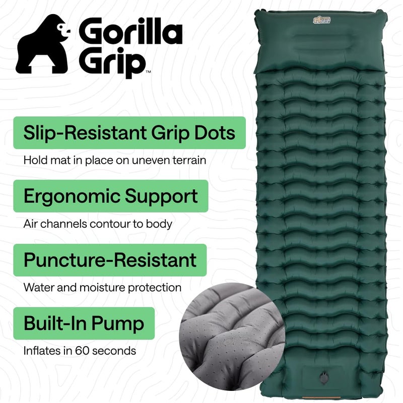GORILLA GRIP Slip-Resistant Inflatable Sleeping Pad, Puncture Resistant Lightweight Camping Mattress, Foot Pump, Air Mats for Travel Backpacking, Inflating Bed Camp Sleep Pads for Tent, Hunter Green - Image 2