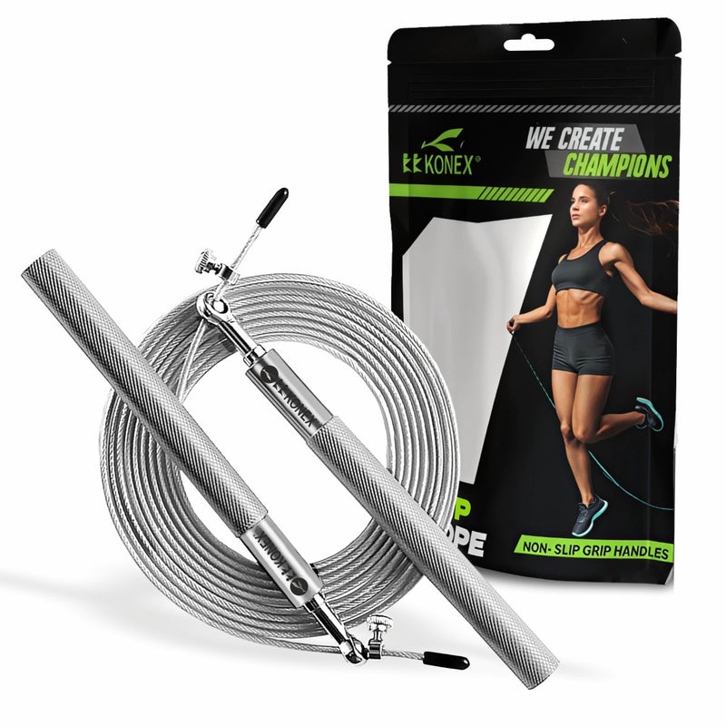 KONEX Adjustable Aluminium Skipping Rope for Men & Women | Jumping Rope for Fitness, Home & Gym Workouts (Silver) - Image 1