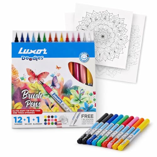 Luxor Doodles Brush Pens with FREE Mandala Art Kit | 13 Shades + Blender | Ultra Soft Tip for Calligraphy, Coloring & Doodling - Image 1