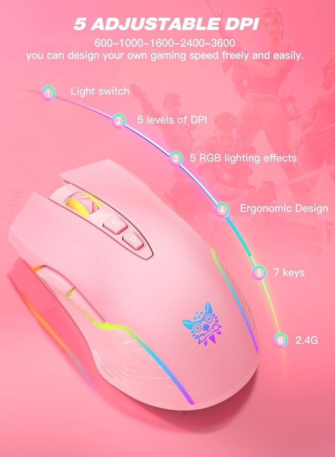 ONITOON Wireless Gaming Mouse Pink, RGB Backlight Rechargeable, Ergonomic Computer Mice with USB Receiver, Adjustable DPI, 2.4G Portable Office Cordless Mouse Compatible with PC, Mac, Laptop, Chromebook - Image 2