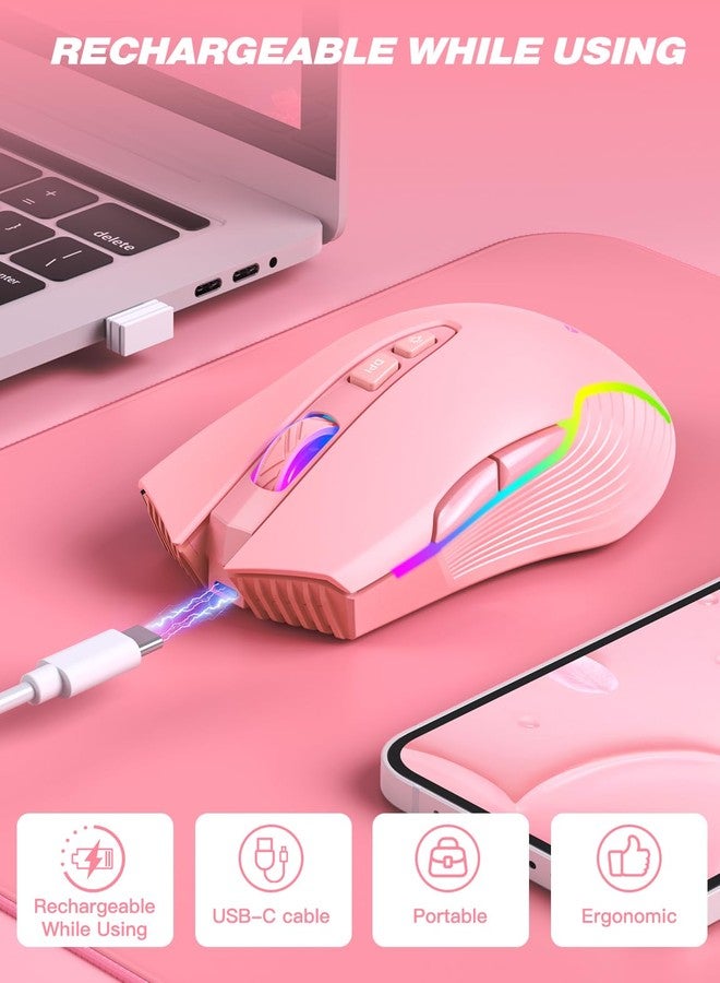 ONITOON Wireless Gaming Mouse Pink, RGB Backlight Rechargeable, Ergonomic Computer Mice with USB Receiver, Adjustable DPI, 2.4G Portable Office Cordless Mouse Compatible with PC, Mac, Laptop, Chromebook - Image 4