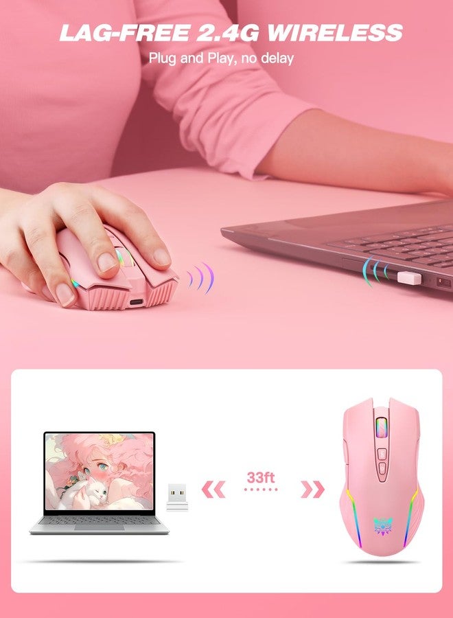 ONITOON Wireless Gaming Mouse Pink, RGB Backlight Rechargeable, Ergonomic Computer Mice with USB Receiver, Adjustable DPI, 2.4G Portable Office Cordless Mouse Compatible with PC, Mac, Laptop, Chromebook - Image 3