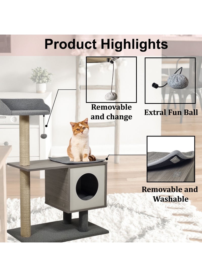 MAJIBAO - Cat tree scratching post cat self grooming brush with cat toys, Plush ball, Cat tree for indoor cats. Grey (98cm) - Image 1