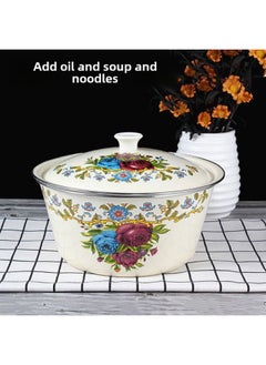 Lard Pot Thickened Enamel Basin With Lid Enamel Basin Old-fashioned Household Large Bowl Enamel Bowl Soup Pot Dumpling Filling Basin-Specifications:22cm Filled With 2.5-3kg Water-Color:Happy Years With Two Ears