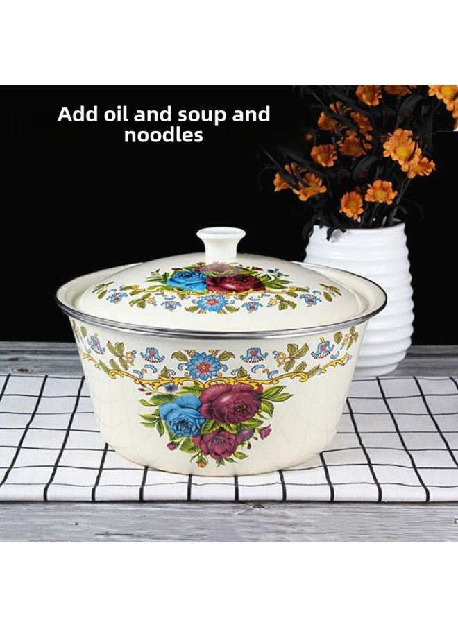 Generic - Lard Pot Thickened Enamel Basin With Lid Enamel Basin Old-fashioned Household Large Bowl Enamel Bowl Soup Pot Dumpling Filling Basin-Specifications:22cm Filled With 2.5-3kg Water-Color:Happy Years With Two Ears - Image 1