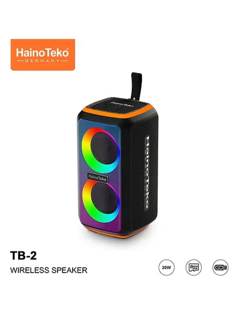 HainoTeko مكبر صوت بلوتوث محمول TB-2 مع إضاءة RGB – قوة إخراج 30 واط، تحكم زر متعدد الوظائف، تصميم مدمج، أسود - Image 1