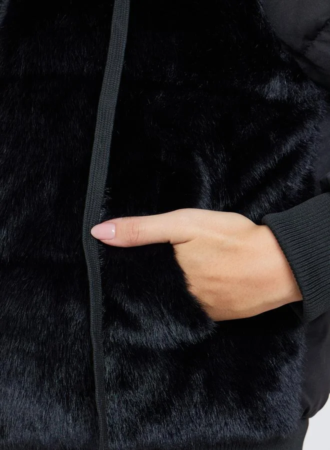 Styli Women Black Regular Fit Regular Length Faux Fur Padded Jacket