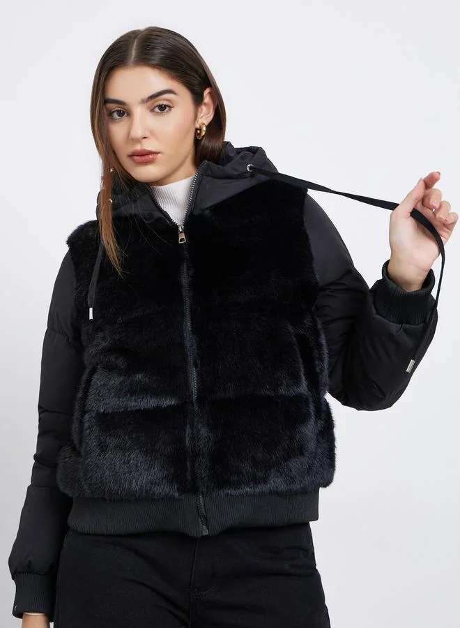 Styli Women Black Regular Fit Regular Length Faux Fur Padded Jacket