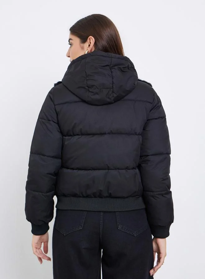 Styli Women Black Regular Fit Regular Length Faux Fur Padded Jacket