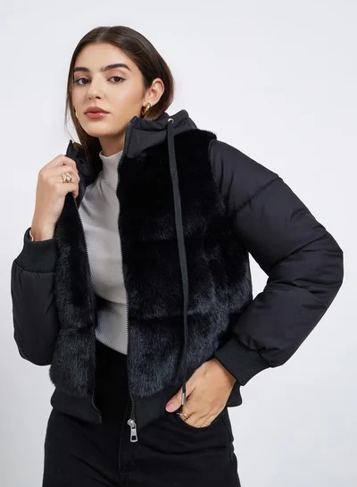 Styli Women Black Regular Fit Regular Length Faux Fur Padded Jacket