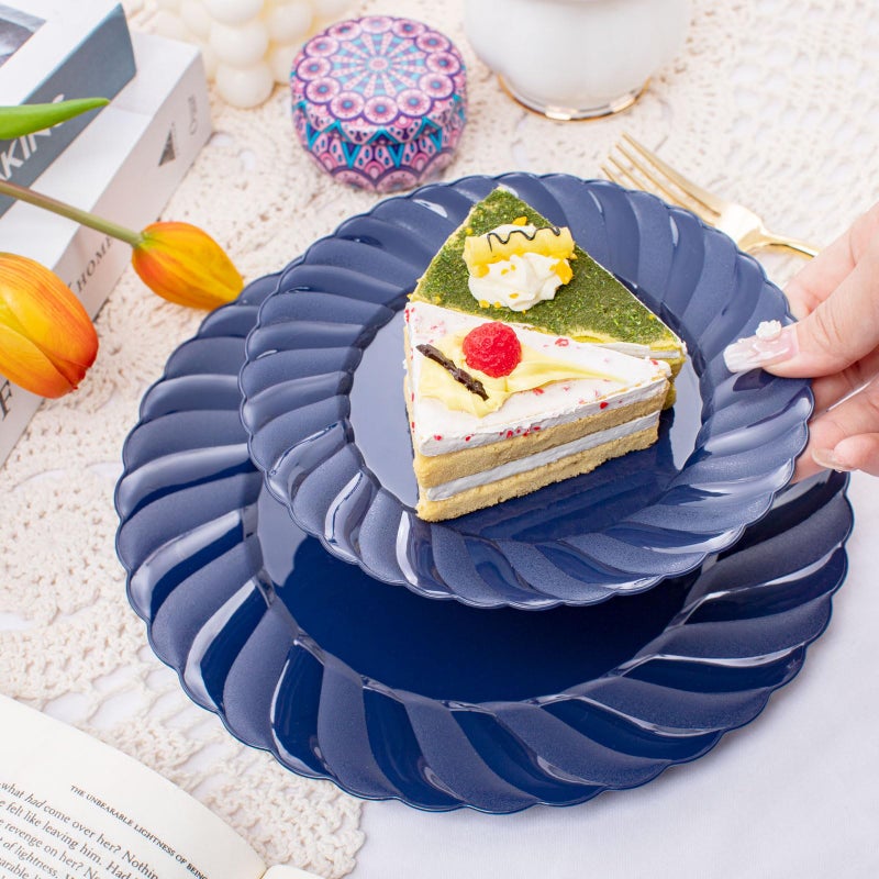 U-QE 100PCS Blue Disposable Plates - Heavy Duty Blue Plastic Plates for Party/Wedding - Include 50PCS 9inch Blue Dinner Plates and 50PCS 6.5inch Blue Dessert/Salad Plates - Image 2