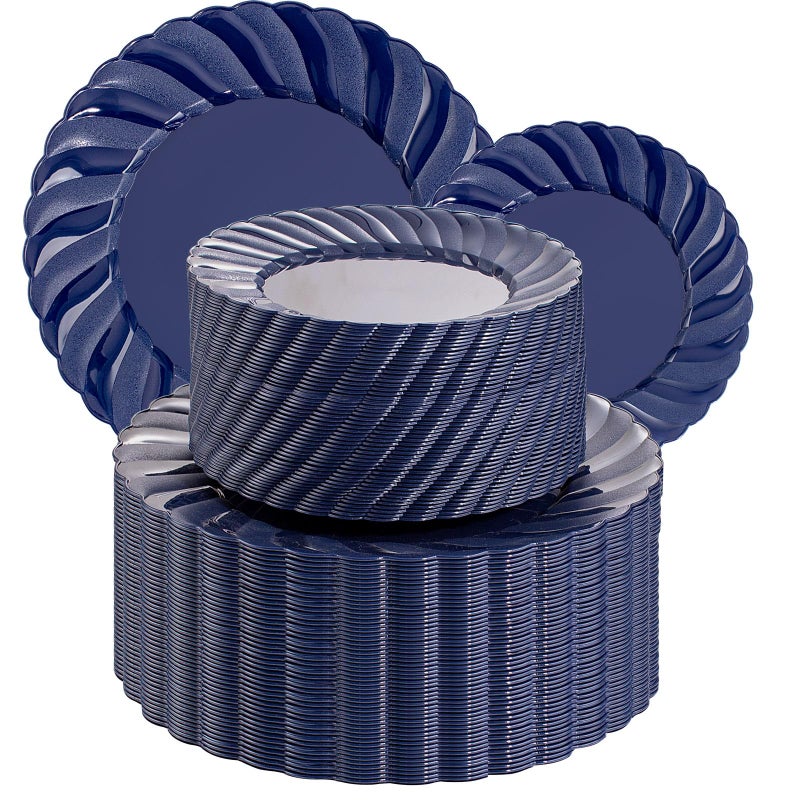 U-QE 100PCS Blue Disposable Plates - Heavy Duty Blue Plastic Plates for Party/Wedding - Include 50PCS 9inch Blue Dinner Plates and 50PCS 6.5inch Blue Dessert/Salad Plates - Image 1