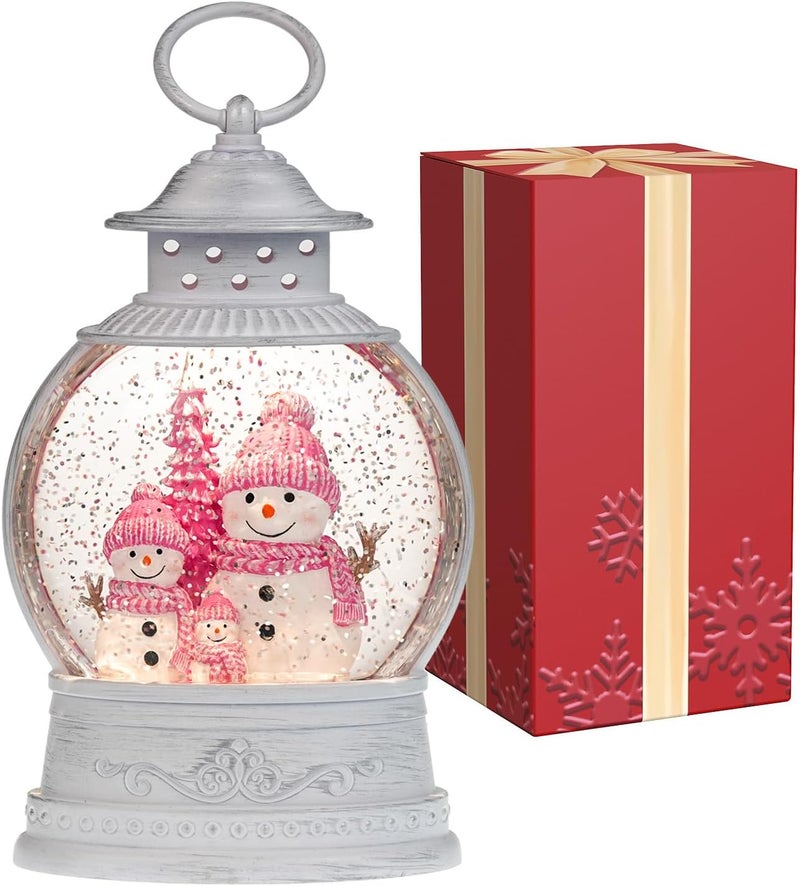PestiLite Christmas Snow Globes, Pink Snowman Family Musical Snow Globe Lantern with Timer, USB or Battery Operated, Lighted Christmas Home Decorations Indoor - Image 2
