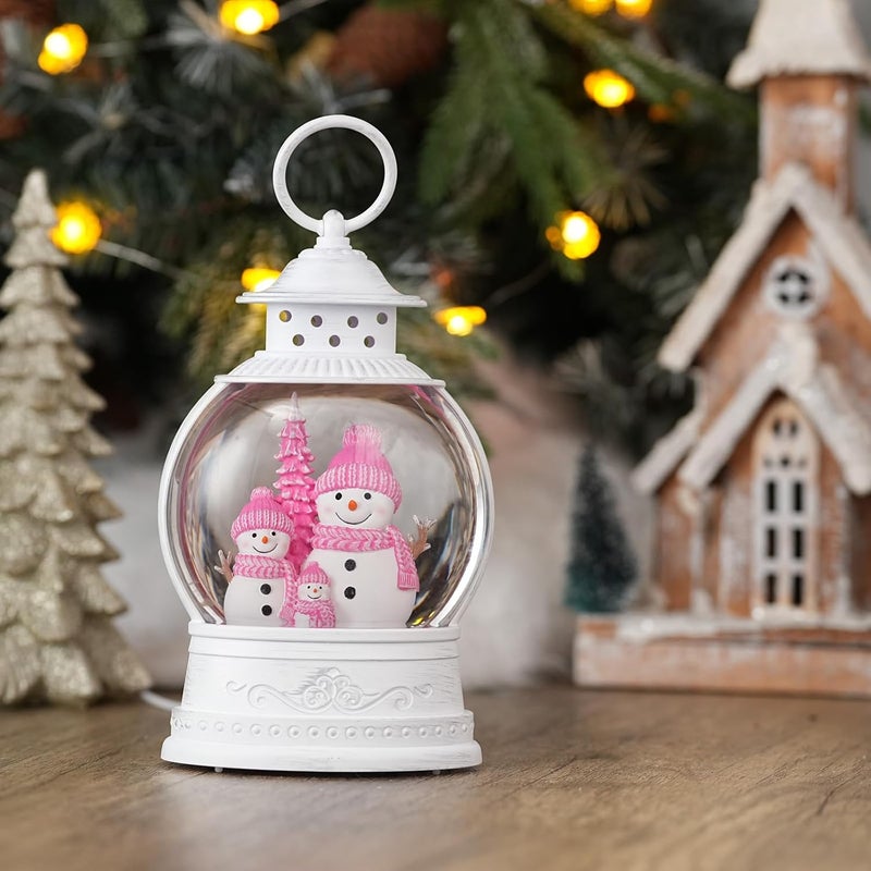PestiLite Christmas Snow Globes, Pink Snowman Family Musical Snow Globe Lantern with Timer, USB or Battery Operated, Lighted Christmas Home Decorations Indoor - Image 1