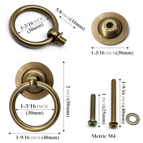 Gutapo 6 Pack Solid Brass Cabinet Ring Pulls, Antique Drawer Circle Pulls Dresser Handles Vintage Rings Knobs for Drawer Dresser Closet Cupboard - Image 2