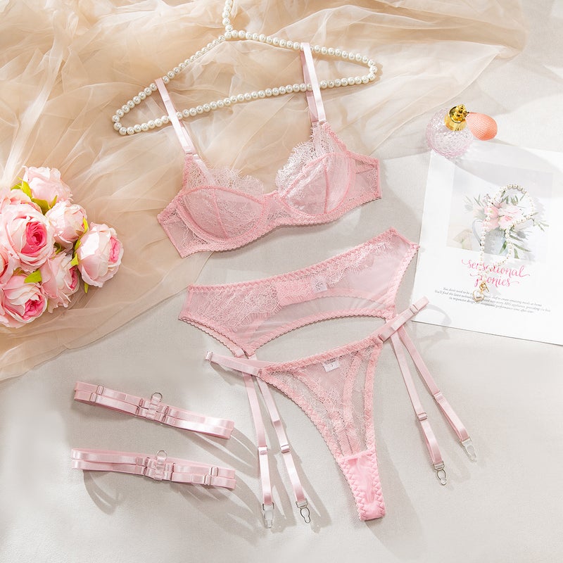 INS New Lace-Trimmed Hollow-Out See-Through Lingerie Set, Sexy Backless Push-Up Bra, Women's Four-Piece  Set