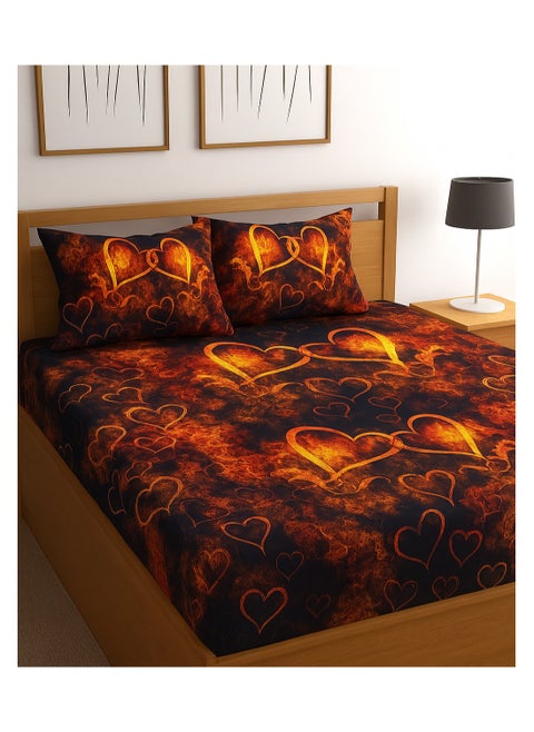 King Size Flat Bedsheet 250 x 240 cm with 2 Pillowcases – 125 GSM – Heart Pattern Design in Fiery Orange & Navy Blue Abstract Print – Soft & Durable Fabric