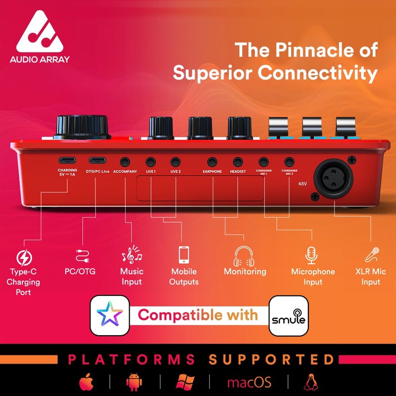 Audio Array AI-10 Professional Live Soundcard Mixer with Bluetooth | 3 Condenser Mic Inputs, 2 mobilephones & PC/Mac Outputs | +48V phantom power, 4 Voice Modes, Denoise, built-in FX | Gaming, Karaoke - Image 2