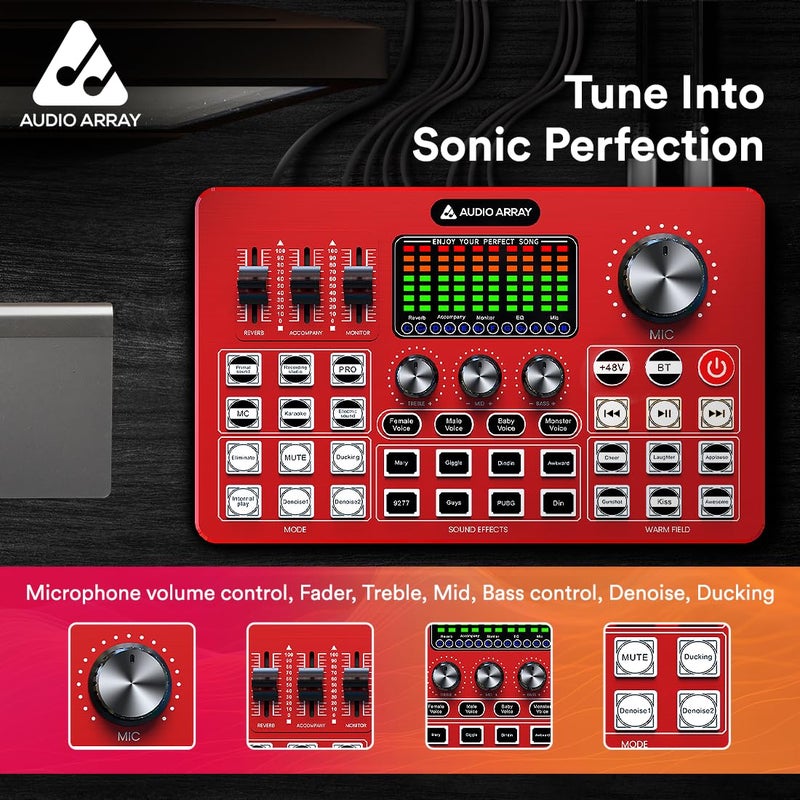 Audio Array AI-10 Professional Live Soundcard Mixer with Bluetooth | 3 Condenser Mic Inputs, 2 mobilephones & PC/Mac Outputs | +48V phantom power, 4 Voice Modes, Denoise, built-in FX | Gaming, Karaoke - Image 3