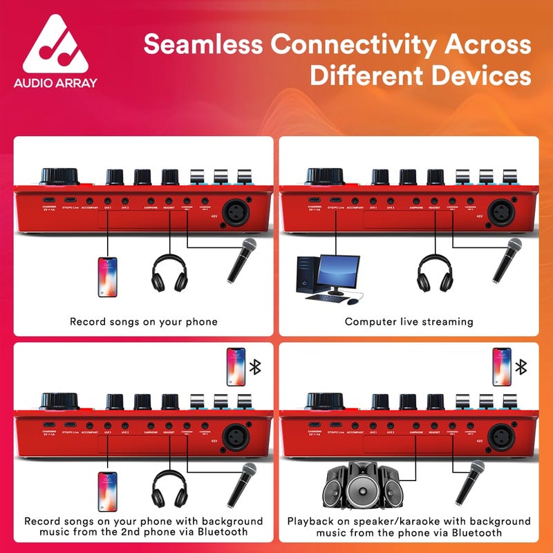 Audio Array AI-10 Professional Live Soundcard Mixer with Bluetooth | 3 Condenser Mic Inputs, 2 mobilephones & PC/Mac Outputs | +48V phantom power, 4 Voice Modes, Denoise, built-in FX | Gaming, Karaoke - Image 5