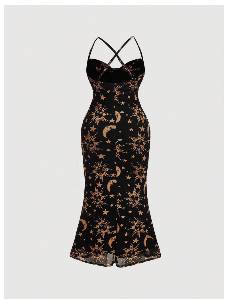 Floerns Women's Plus Size Vintage Graphic Mesh Cami Dress Draped Bodycon Long Dresses Black and Gold 3X-Large Plus - Image 3