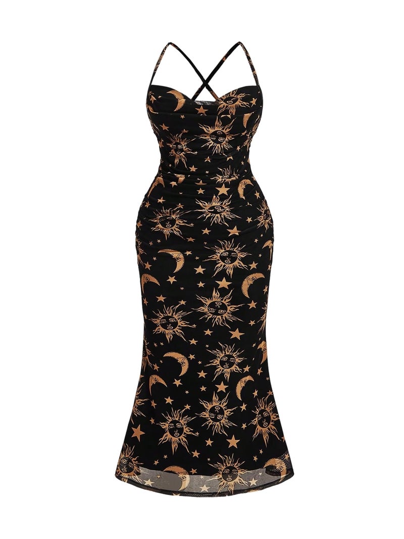 Floerns Women's Plus Size Vintage Graphic Mesh Cami Dress Draped Bodycon Long Dresses Black and Gold 3X-Large Plus - Image 1