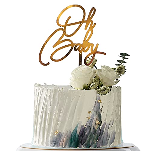 YUINYO Oh Baby Cake Topper Gold AcrylicBaby Shower Cake Topper For Baby Showers and Gender Reveal Parties for Boys and Girls - Image 1