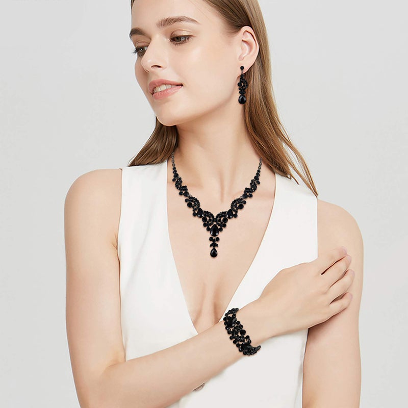 EVER FAITH Costume Jewelry Sets Rhinestone Crystal Bridal Bride Art Deco Floral Teardrop Necklace Earrings Bracelet for Women Black Black-Tone - Image 3