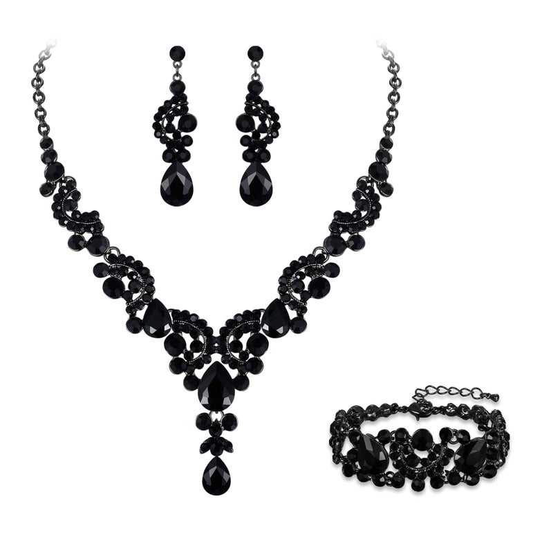 EVER FAITH Costume Jewelry Sets Rhinestone Crystal Bridal Bride Art Deco Floral Teardrop Necklace Earrings Bracelet for Women Black Black-Tone - Image 1