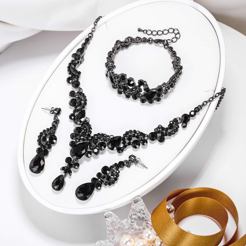 EVER FAITH Costume Jewelry Sets Rhinestone Crystal Bridal Bride Art Deco Floral Teardrop Necklace Earrings Bracelet for Women Black Black-Tone - Image 4