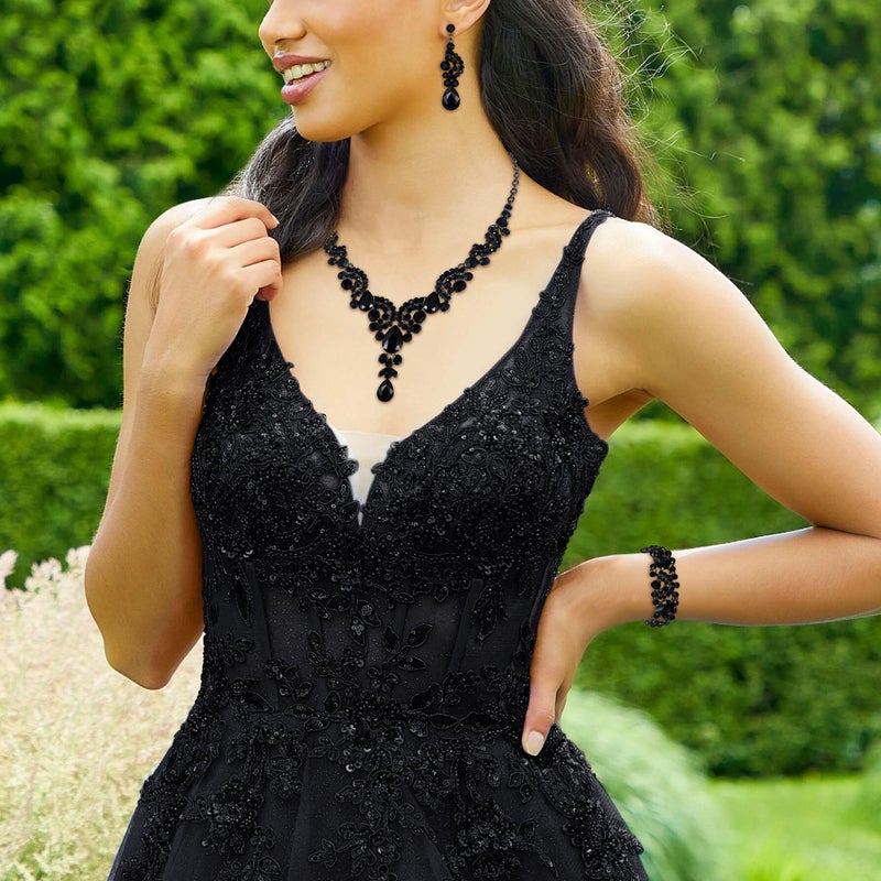EVER FAITH Costume Jewelry Sets Rhinestone Crystal Bridal Bride Art Deco Floral Teardrop Necklace Earrings Bracelet for Women Black Black-Tone - Image 2