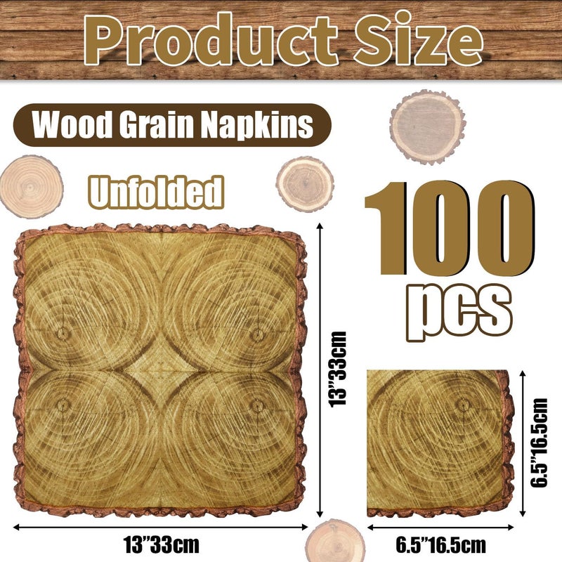 PTECDROTS 100Pcs Wood Grain Napkins, Disposable Wood Paper Napkins, Brown Birthday Decorations Napkins for for Lumberjack Rustic Party Decorations Woodland Decorations Camping Supplies, 13 x 13 Inches - Image 2