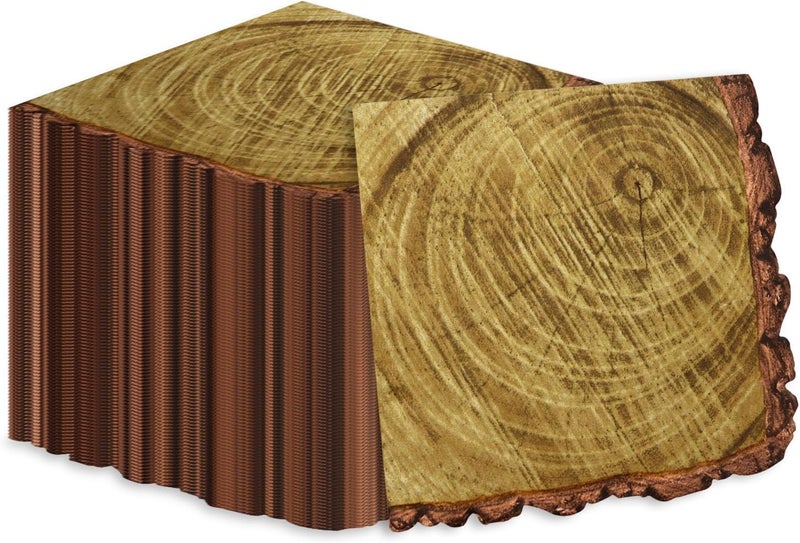 PTECDROTS 100Pcs Wood Grain Napkins, Disposable Wood Paper Napkins, Brown Birthday Decorations Napkins for for Lumberjack Rustic Party Decorations Woodland Decorations Camping Supplies, 13 x 13 Inches - Image 1
