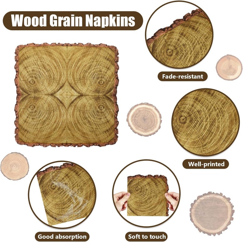PTECDROTS 100Pcs Wood Grain Napkins, Disposable Wood Paper Napkins, Brown Birthday Decorations Napkins for for Lumberjack Rustic Party Decorations Woodland Decorations Camping Supplies, 13 x 13 Inches - Image 3