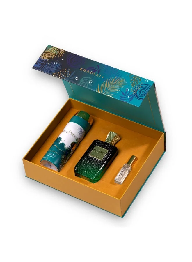 KHADLAJ PERFUMES KHADLAJ ISLAND 3 PIECES GIFT SET FOR MEN AND WOMEN (EDP, Body Spray and Travel Size)