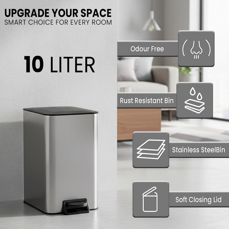 MARKQ سلة مهملات صغيرة للحمام مع غطاء | سلة دافعة بقدم ناعمة | سلة قمامة من الفولاذ المقاوم للصدأ مع دلو داخلي قابل للإزالة وتشطيب مضاد لبصمات الأصابع – فضي، 10 لترات - Image 2