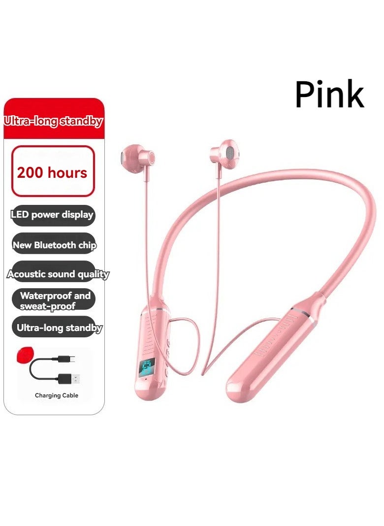 Generic Wireless Bluetooth hanging neck headset digital display sports binaural in-ear neck hanging ultra-long battery life Bluetooth headset pink  - Image 1