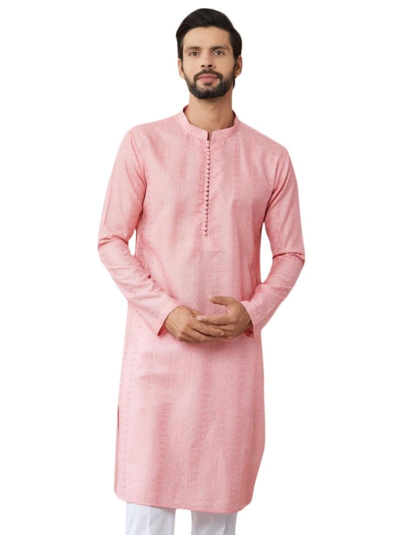 See Designs Men's Long Sleeve Mandarin Collar Side Slit Pink Embroidered Thread Work Sequinned Chanderi Silk Straight Kurta - SDKT2511XL - Image 1