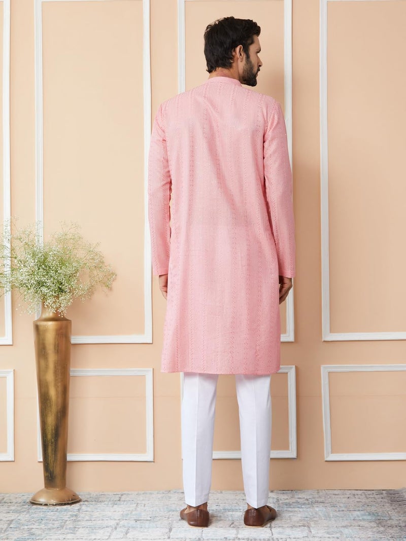 See Designs Men's Long Sleeve Mandarin Collar Side Slit Pink Embroidered Thread Work Sequinned Chanderi Silk Straight Kurta - SDKT2511XL - Image 3
