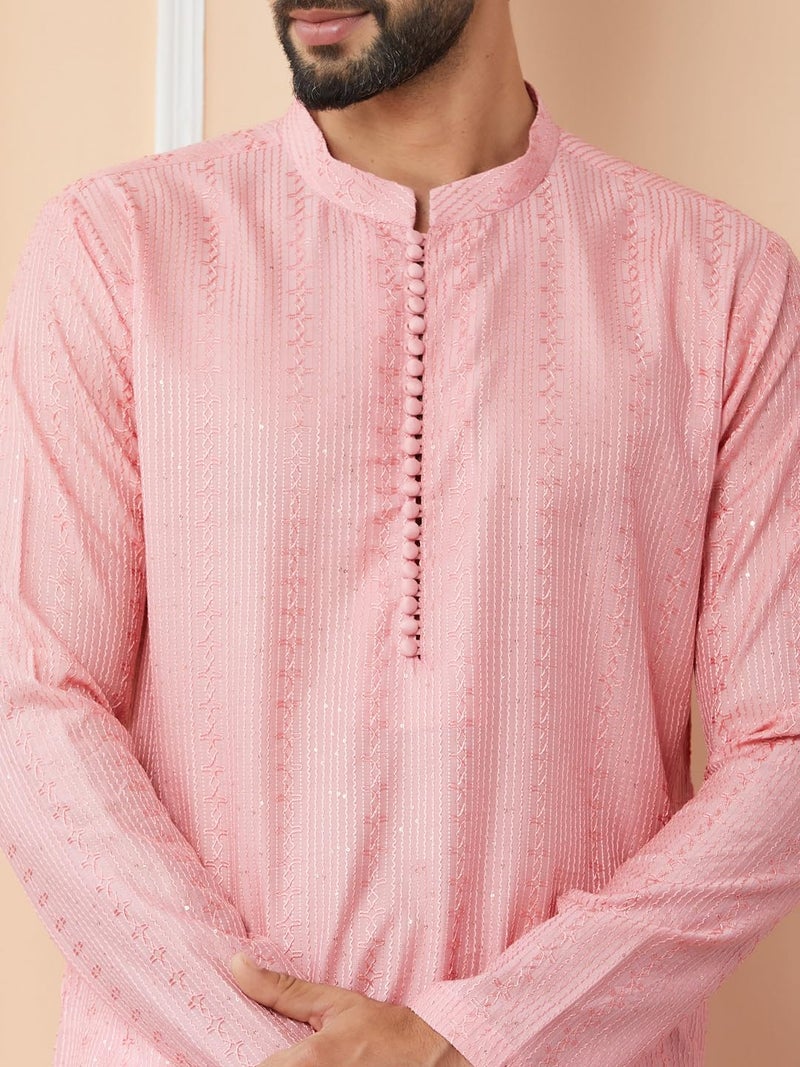 See Designs Men's Long Sleeve Mandarin Collar Side Slit Pink Embroidered Thread Work Sequinned Chanderi Silk Straight Kurta - SDKT2511XL - Image 4